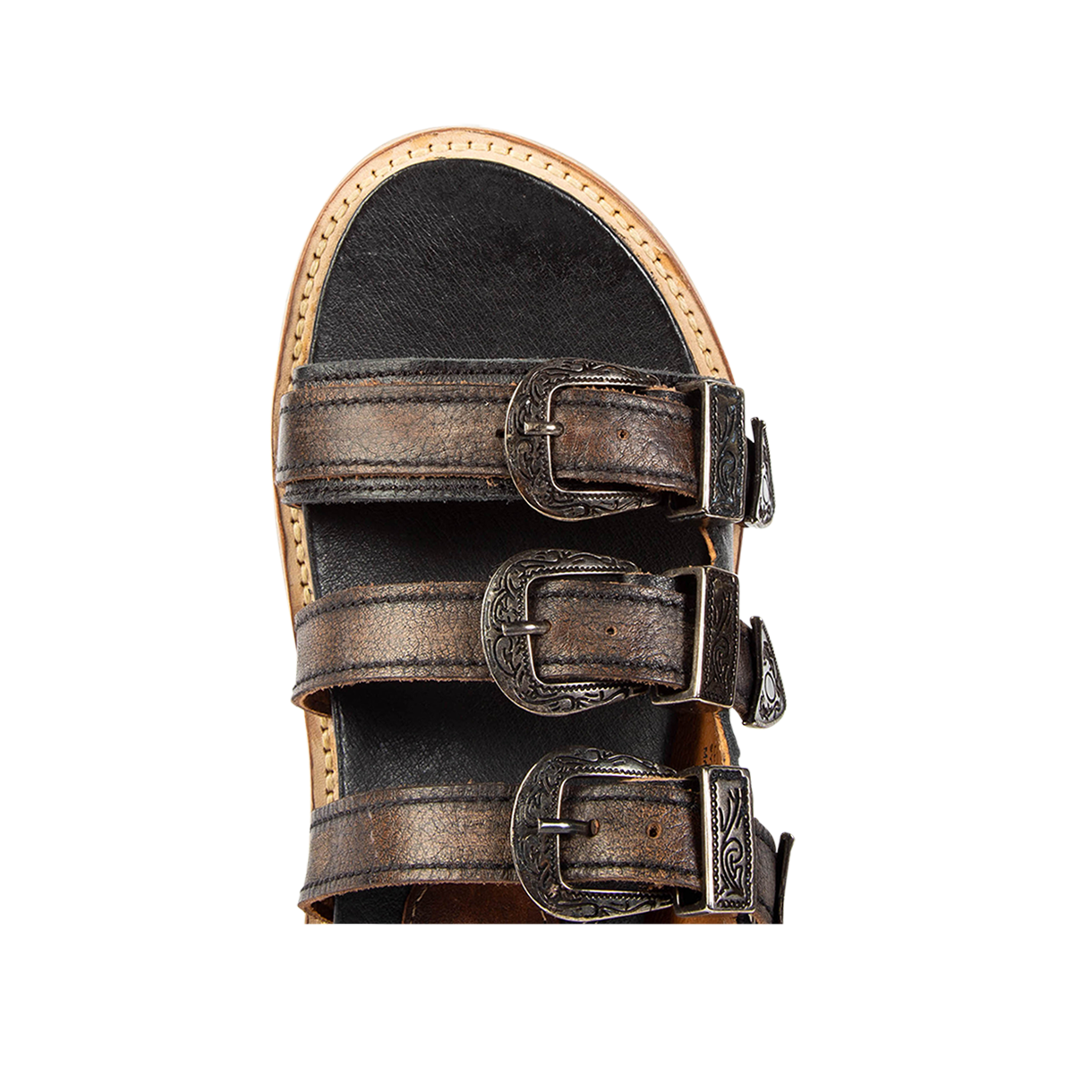Top view showing round toe on FREEBIRD women's Franki black slip-on flat shoe featuring engraved metal detailing