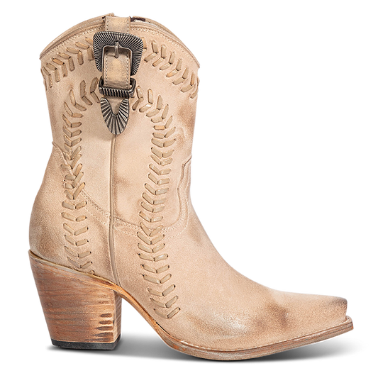 FREEBIRD women's Freya beige suede bootie with whip stitch detailing, a snip toe silhouette and decorative vintage buckle. Finished with an inside working zipper.