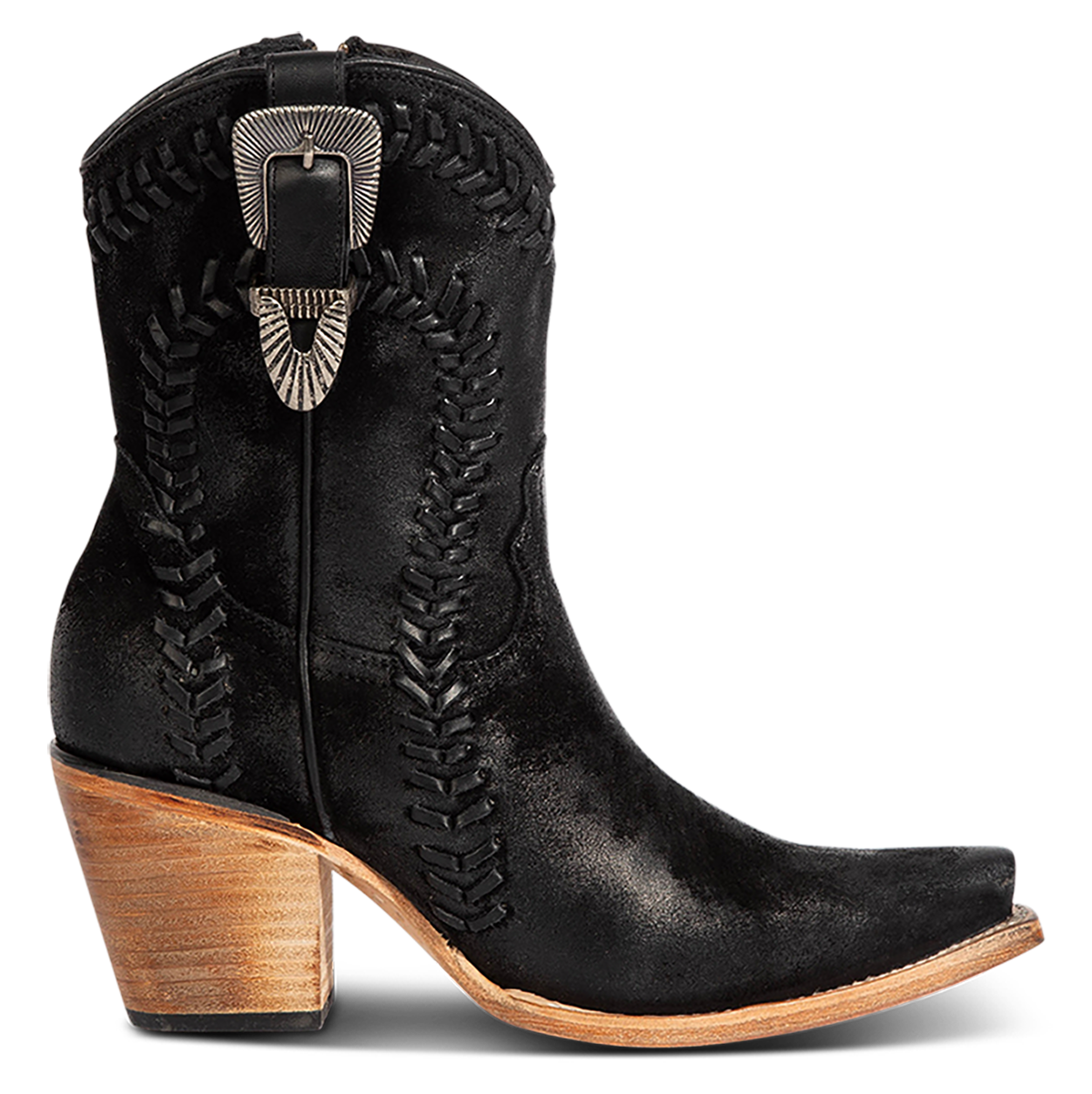 FREEBIRD women's Freya black suede bootie with whip stitch detailing, a snip toe silhouette and decorative vintage buckle. Finished with an inside working zipper.