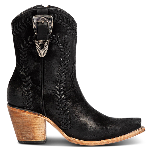 FREEBIRD women's Freya black suede bootie with whip stitch detailing, a snip toe silhouette and decorative vintage buckle. Finished with an inside working zipper.