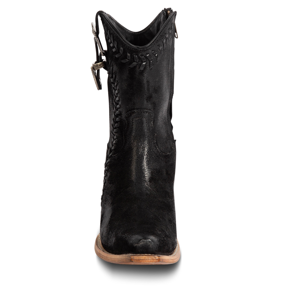 Front view showing FREEBIRD women's Freya black suede bootie with whip stitch detailing, a snip toe silhouette and decorative vintage buckle. 
