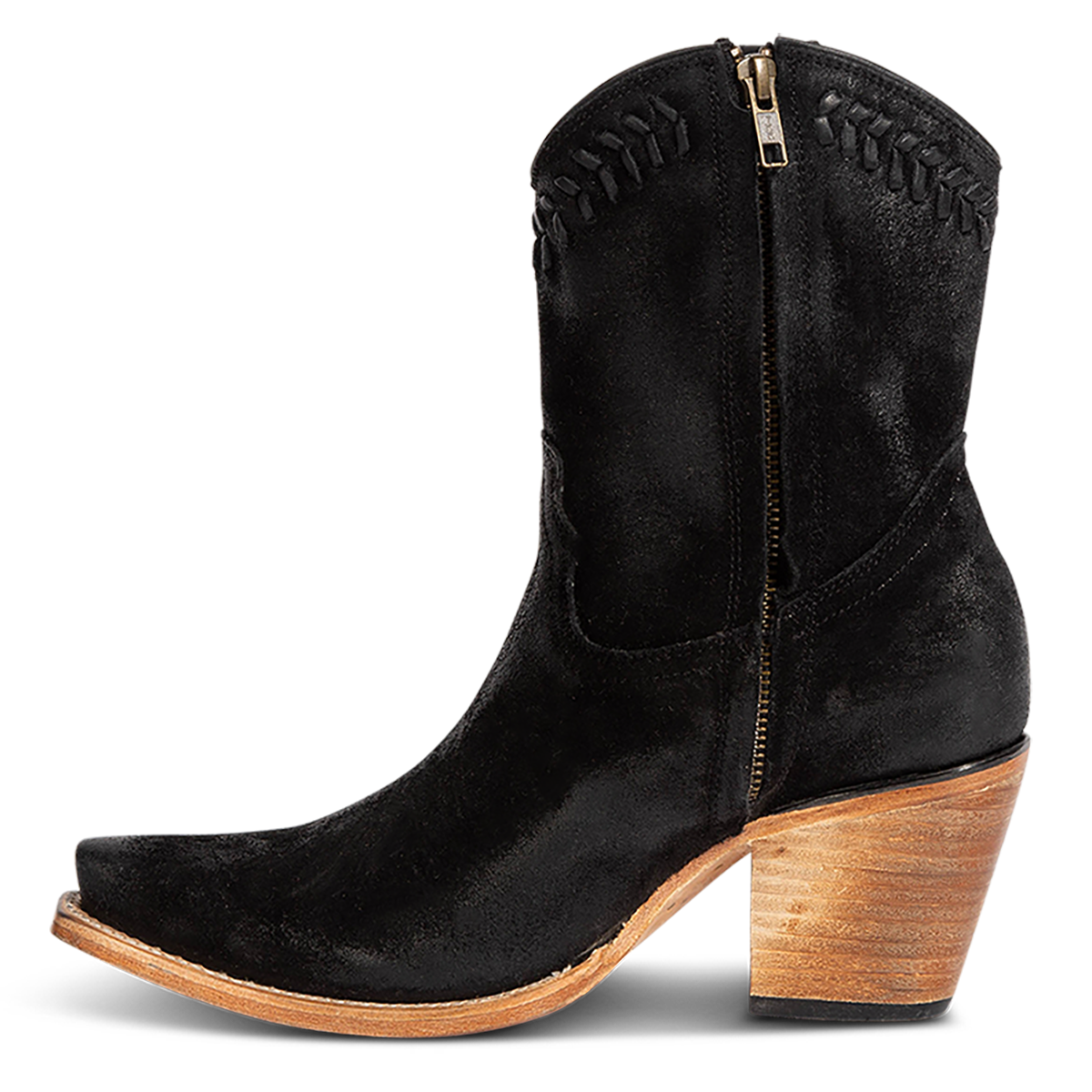 Inside view showing FREEBIRD women's Freya black suede bootie with whip stitch detailing, a snip toe silhouette and an inside working zipper.