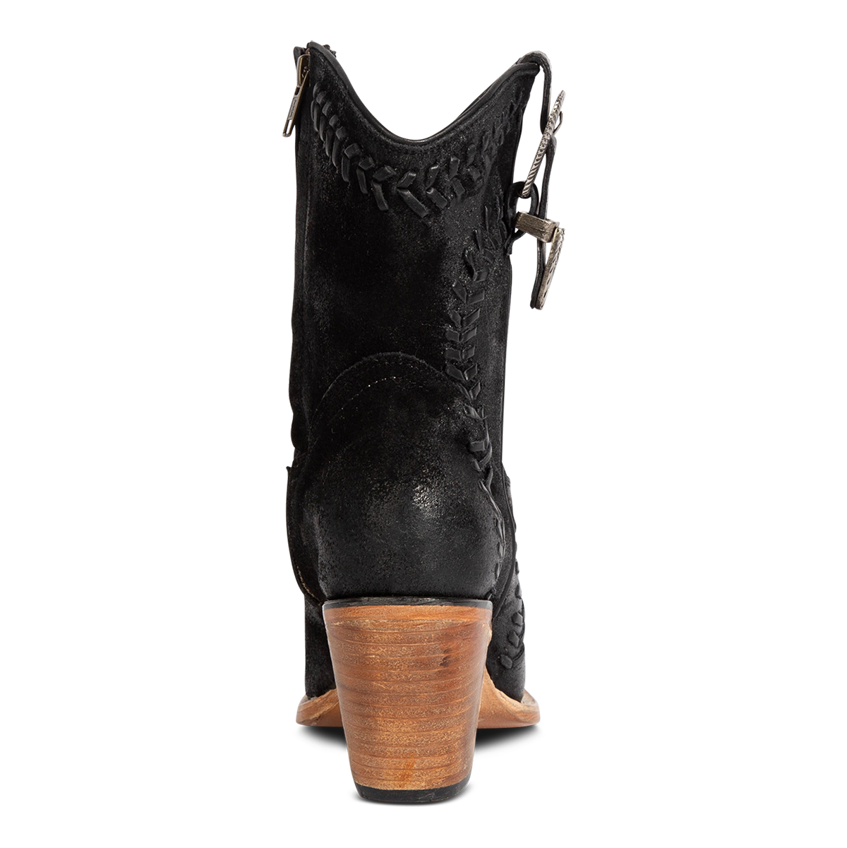 Back view showing FREEBIRD women's Freya black suede bootie with whip stitch detailing, a lifted heel and a decorative buckle