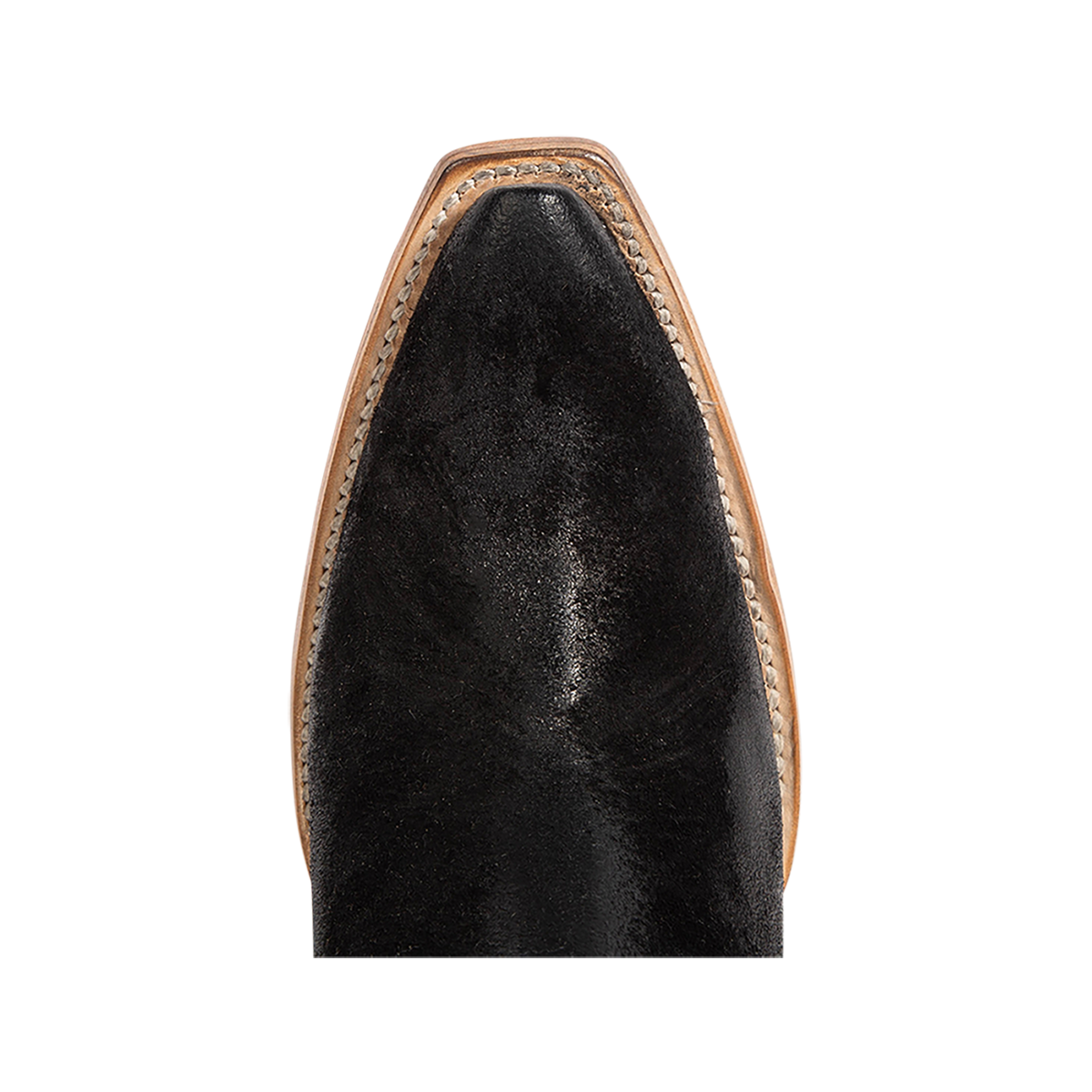Top view showing a snip toe silhouette on FREEBIRD women's Freya black suede bootie