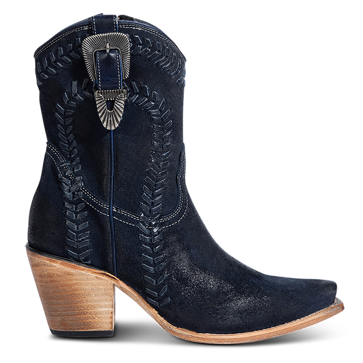 FREEBIRD women's Freya blue suede bootie with whip stitch detailing, a snip toe silhouette and decorative vintage buckle. Finished with an inside working zipper.