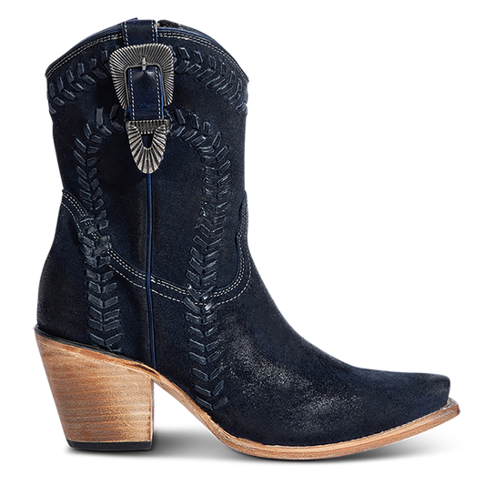 FREEBIRD women's Freya blue suede bootie with whip stitch detailing, a snip toe silhouette and decorative vintage buckle. Finished with an inside working zipper.