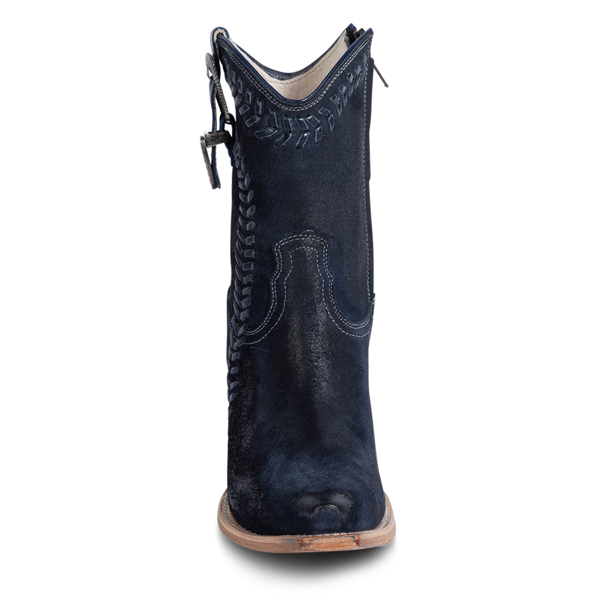 Front view showing FREEBIRD women's Freya blue suede bootie with whip stitch detailing, a snip toe silhouette and decorative vintage buckle. 