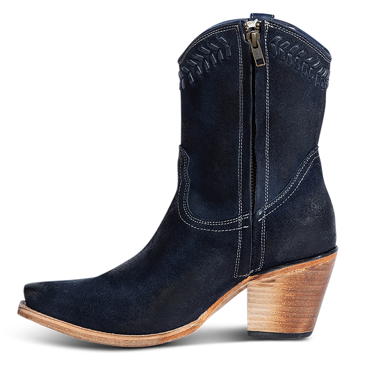 Inside view showing FREEBIRD women's Freya blue suede bootie with whip stitch detailing, a snip toe silhouette and an inside working zipper.