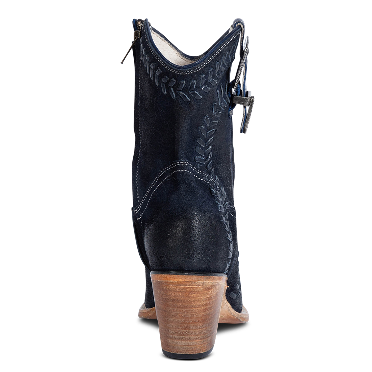 Back view showing FREEBIRD women's Freya blue suede bootie with whip stitch detailing, a stacked heel and a decorative buckle