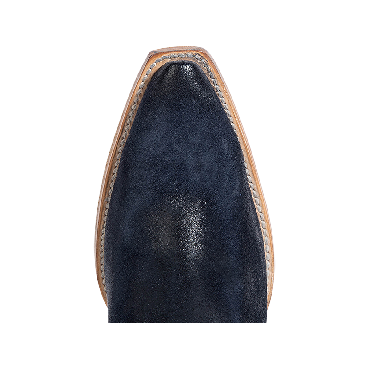 Top view showing a snip toe silhouette on FREEBIRD women's Freya blue suede bootie