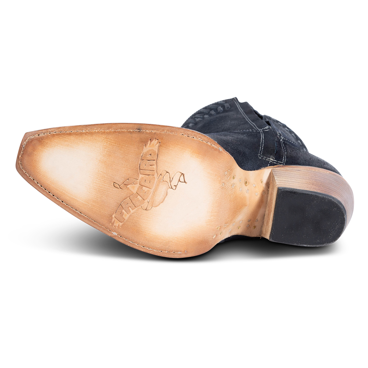 Leather sole imprinted with FREEBIRD on women's Freya blue suede bootie