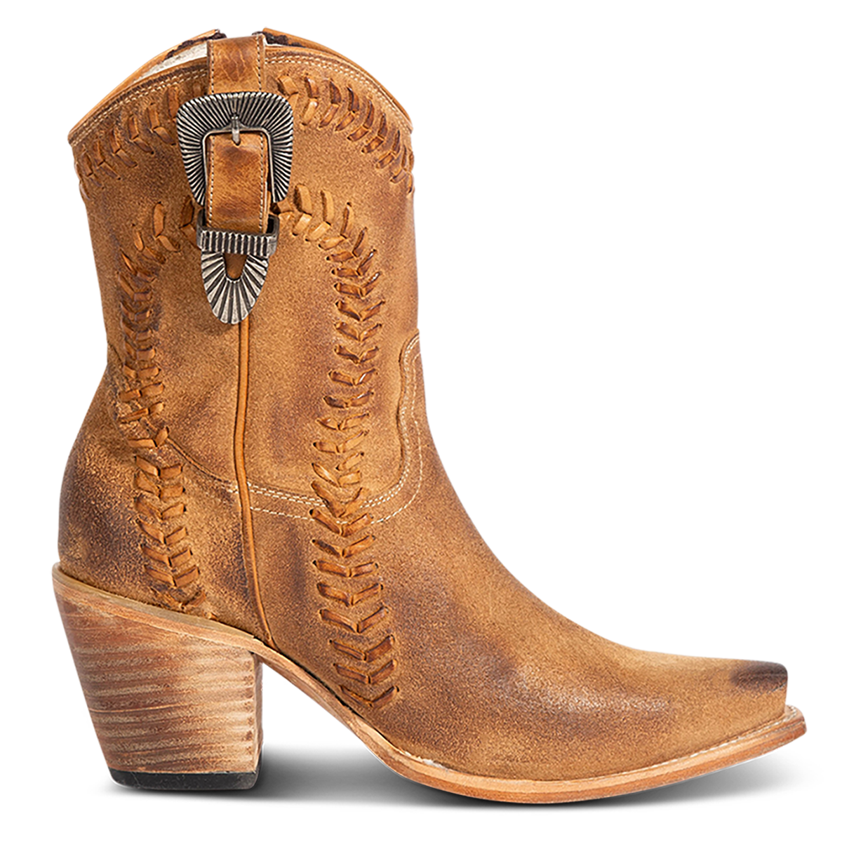 FREEBIRD women's Freya cognac suede bootie with whip stitch detailing, a snip toe silhouette and decorative vintage buckle. Finished with an inside working zipper.