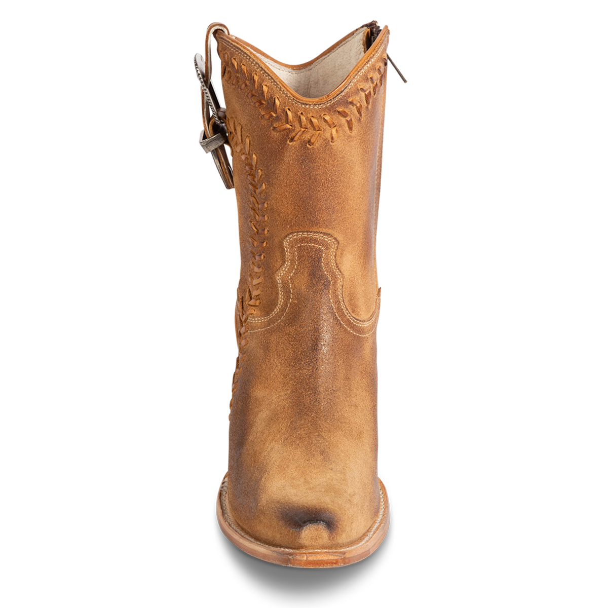 Front view showing FREEBIRD women's Freya cognac suede bootie with whip stitch detailing, a snip toe silhouette and decorative vintage buckle. 