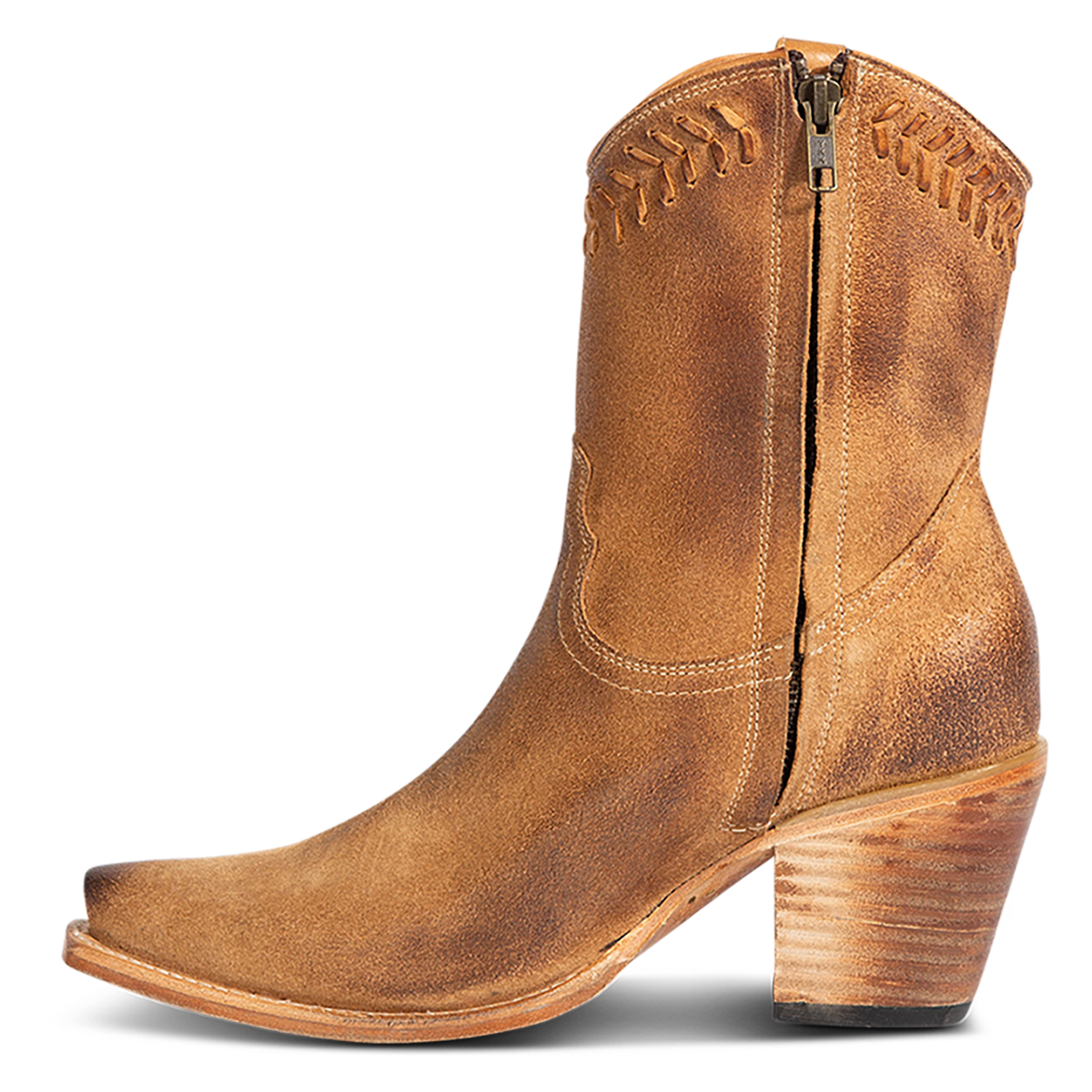 Inside view showing FREEBIRD women's Freya cognac suede bootie with whip stitch detailing, a snip toe silhouette and an inside working zipper.