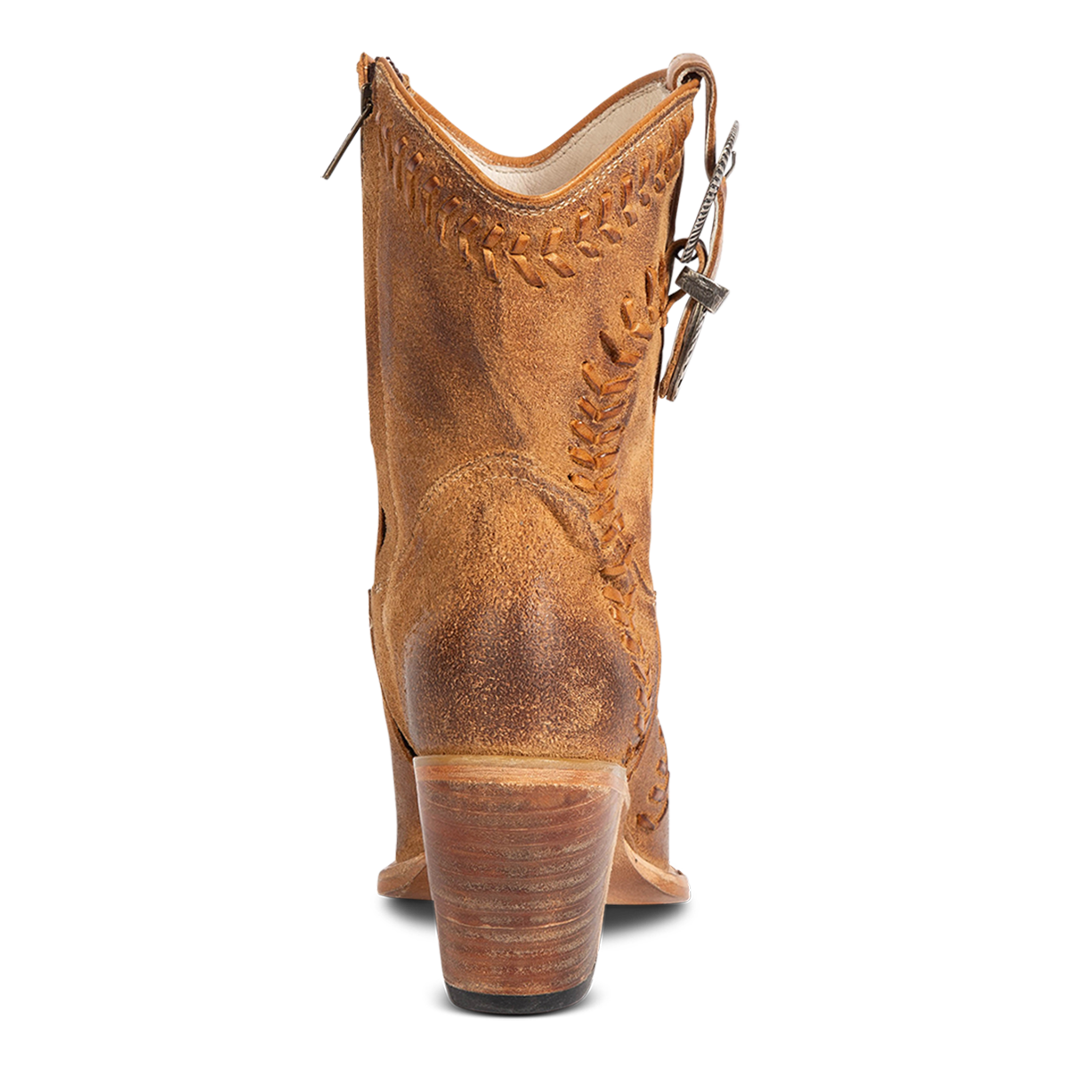 Back view showing FREEBIRD women's Freya cognac suede bootie with whip stitch detailing, a lifted heel and a decorative buckle
