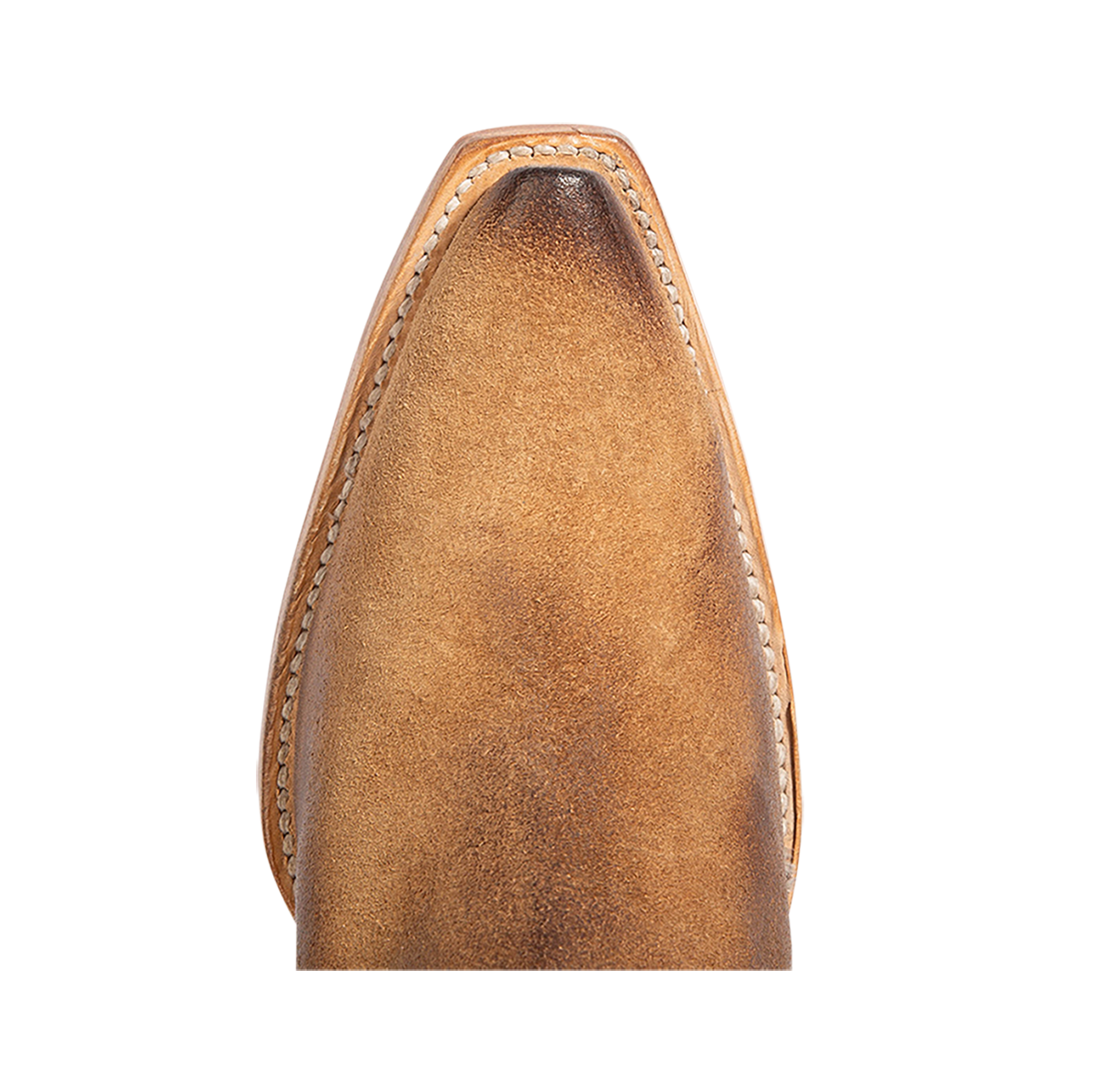 Top view showing a snip toe silhouette on FREEBIRD women's Freya cognac suede bootie
