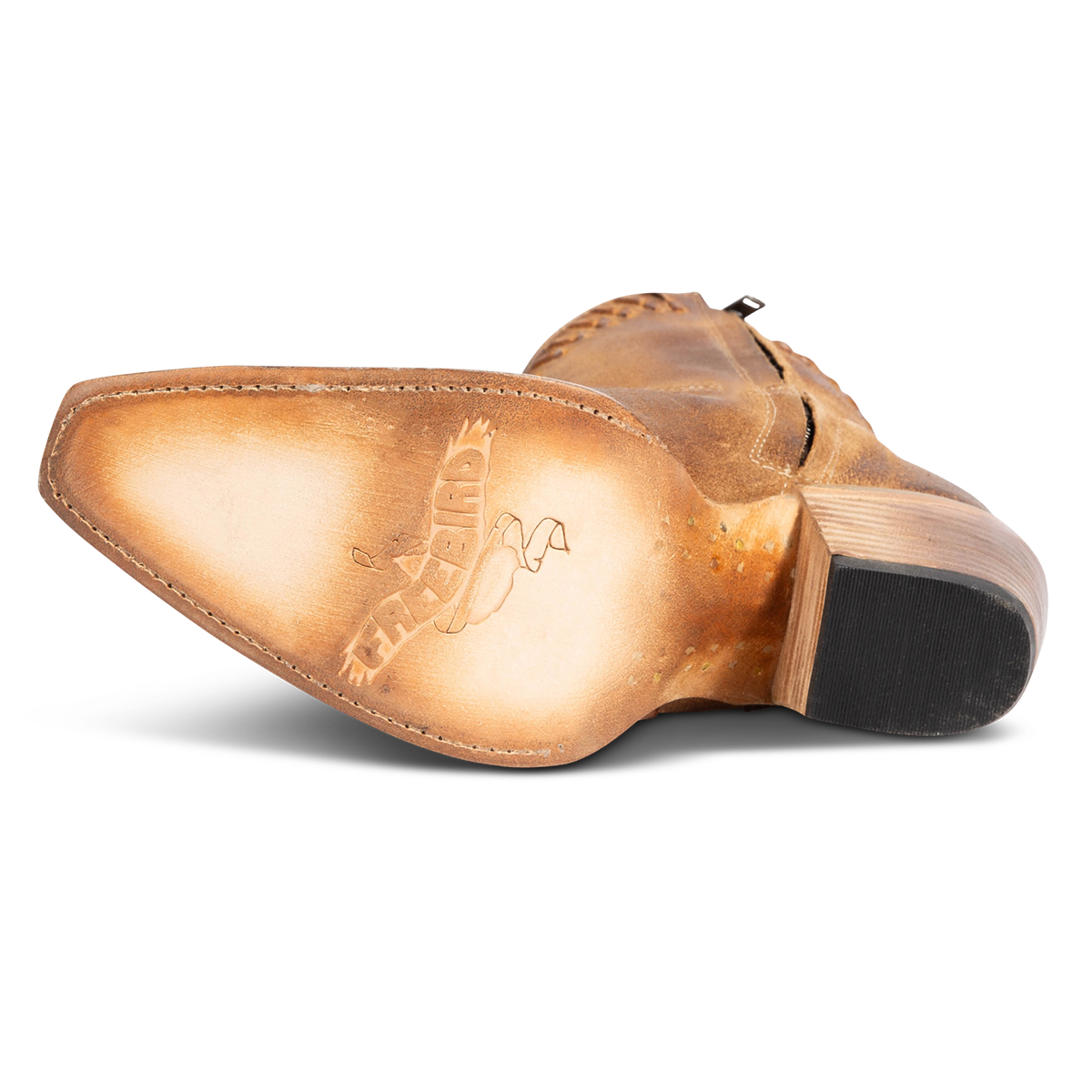 Leather sole imprinted with FREEBIRD on women's Freya cognac suede bootie