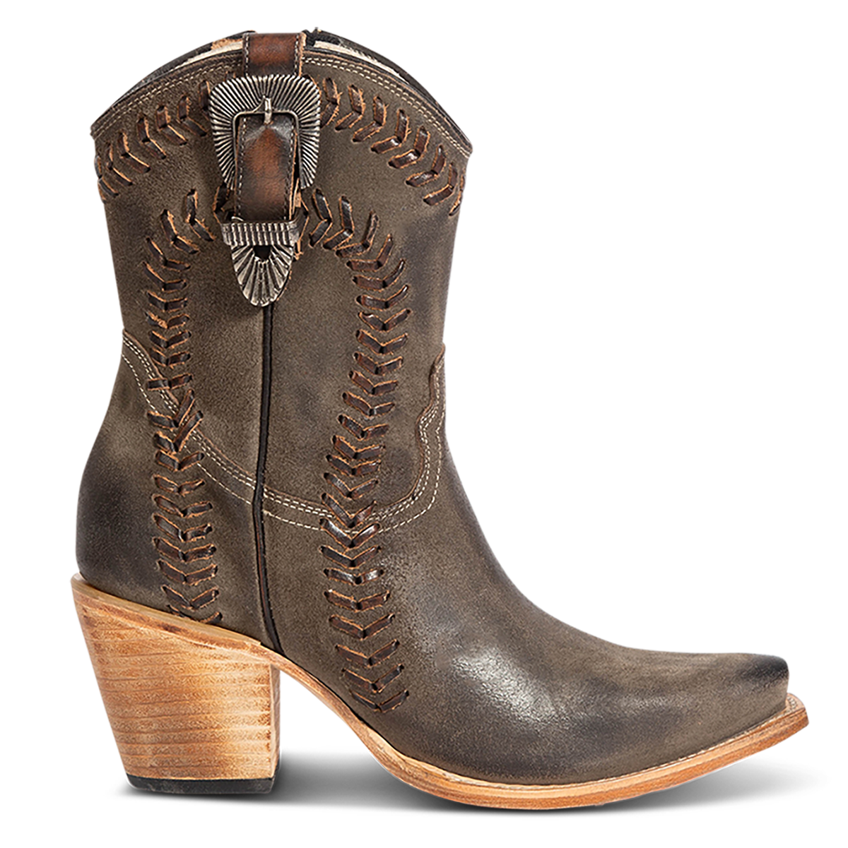 FREEBIRD women's Freya grey suede bootie with whip stitch detailing, a snip toe silhouette and decorative vintage buckle. Finished with an inside working zipper.