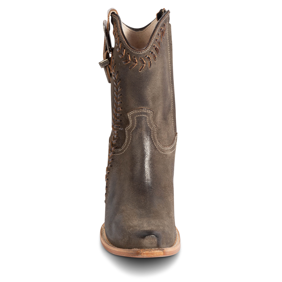Front view showing FREEBIRD women's Freya grey suede bootie with whip stitch detailing, a snip toe silhouette and decorative vintage buckle. 