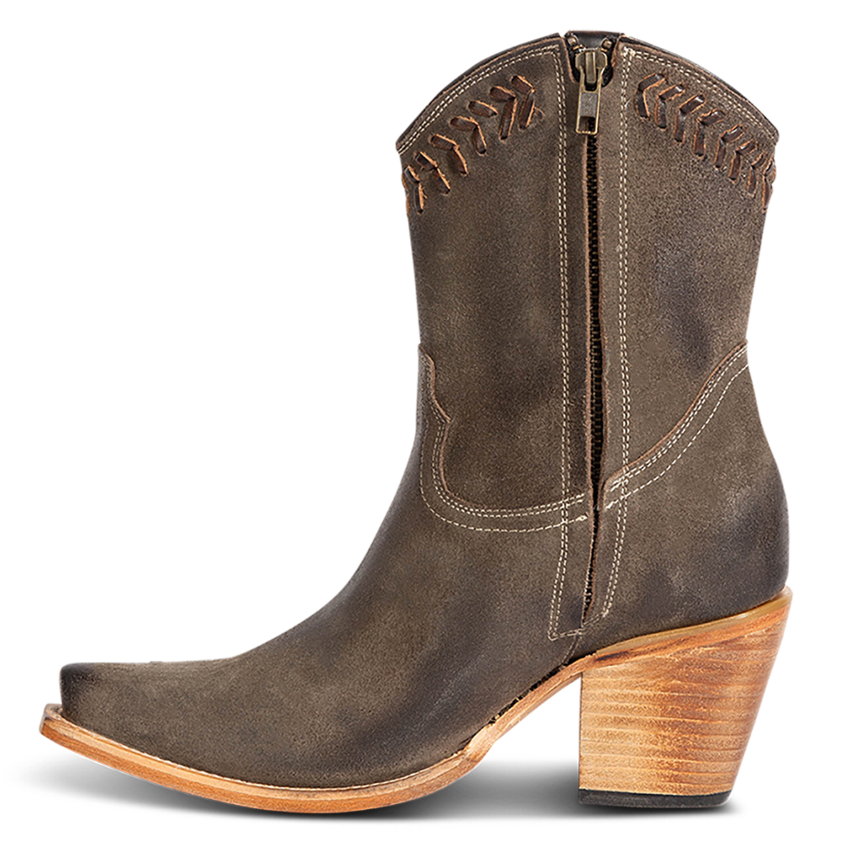 Inside view showing FREEBIRD women's Freya grey suede bootie with whip stitch detailing, a snip toe silhouette and an inside working zipper.