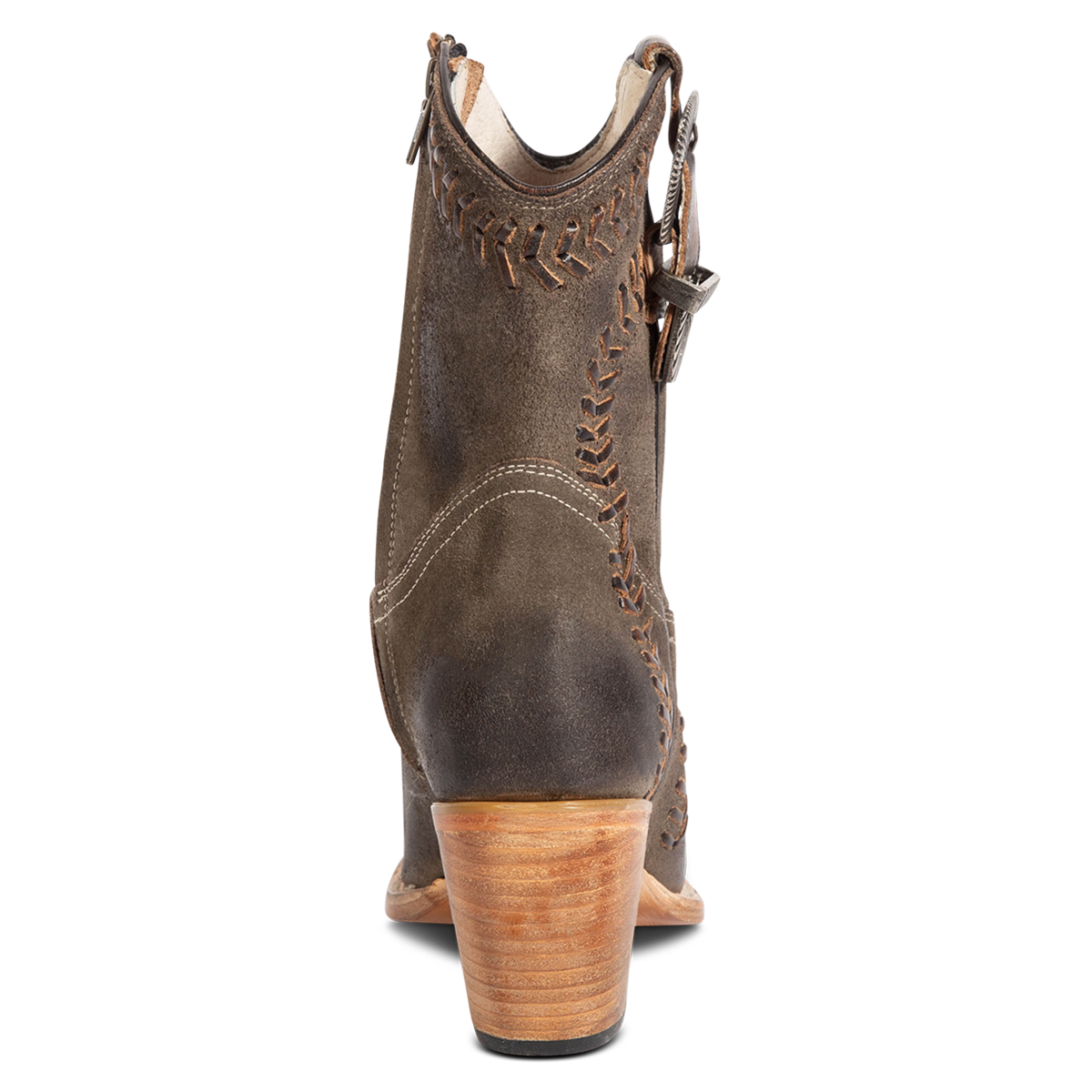 Back view showing FREEBIRD women's Freya grey suede bootie with whip stitch detailing, a lifted heel and a decorative buckle