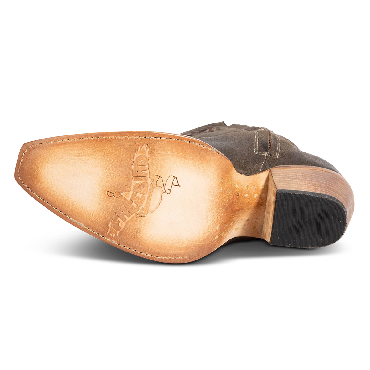 Leather sole imprinted with FREEBIRD on women's Freya grey suede bootie