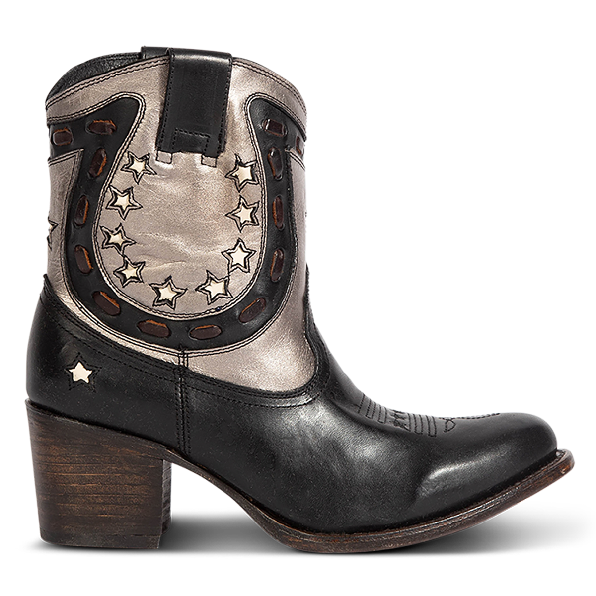 FREEBIRD women's Gambler black multi leather bootie with an inside half zip closure, multi-leather elements and almond toe construction
