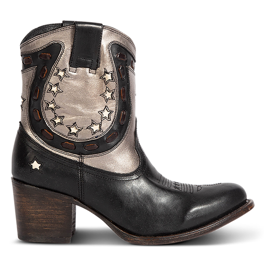 FREEBIRD women's Gambler black multi leather bootie with an inside half zip closure, multi-leather elements and almond toe construction