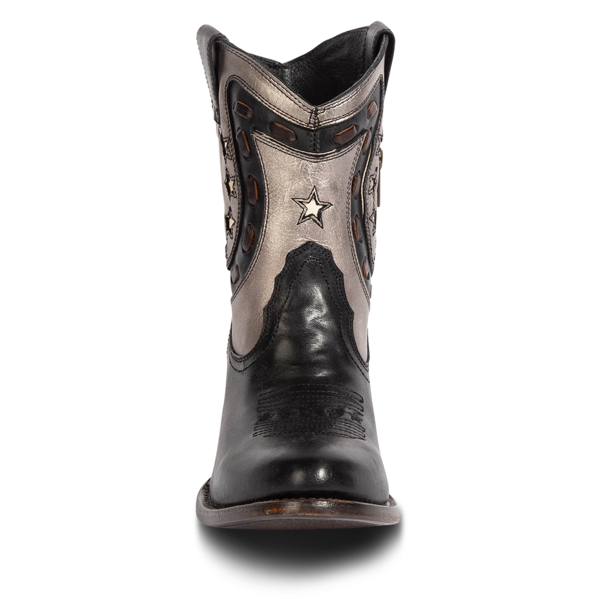 Front view showing FREEBIRD women's Gambler black multi leather bootie with an multi-leather elements and almond toe construction
