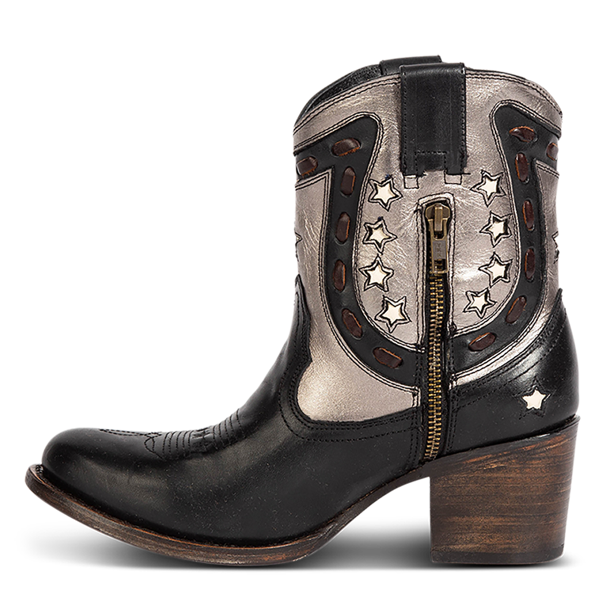 Inside view showing FREEBIRD women's Gambler black multi leather bootie with an inside half zip closure, multi-leather elements and almond toe construction