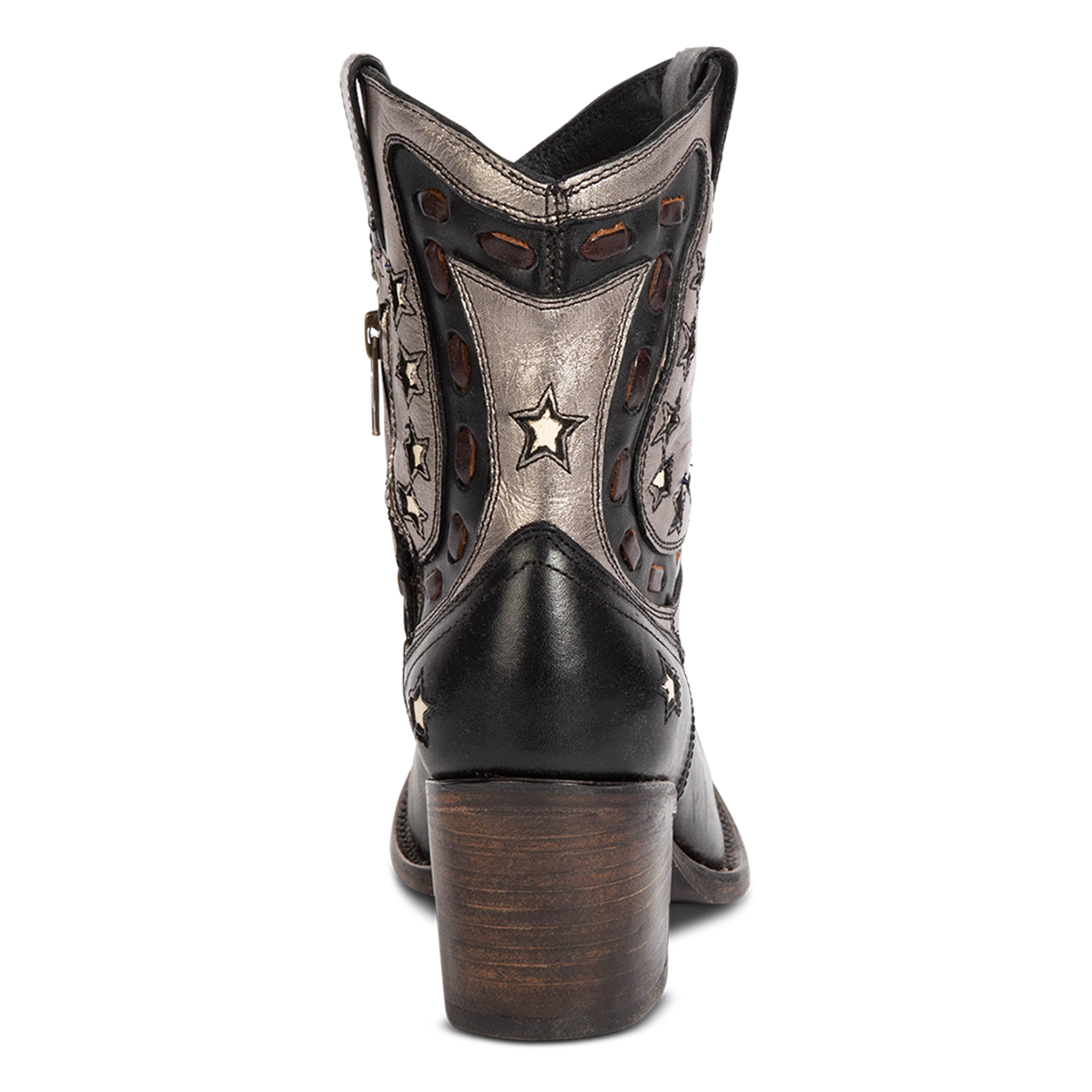 Back view showing FREEBIRD women's Gambler black multi leather bootie with multi-leather elements and lifted heel