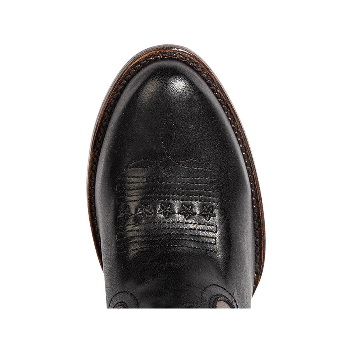 Top view showing an almond toe construction on FREEBIRD women's Gambler black multi leather bootie 