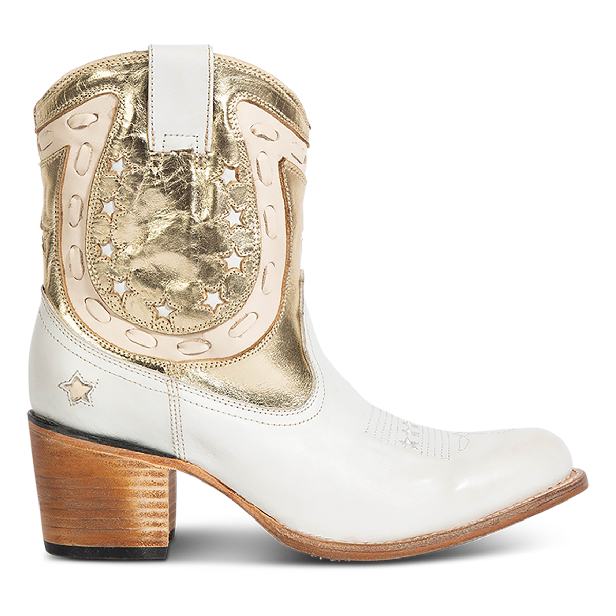 FREEBIRD women's Gambler gold multi leather bootie with an inside half zip closure, multi-leather elements and almond toe construction