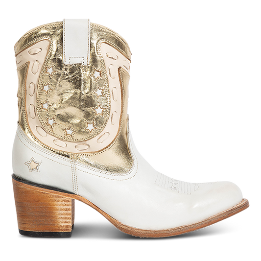 FREEBIRD women's Gambler gold multi leather bootie with an inside half zip closure, multi-leather elements and almond toe construction