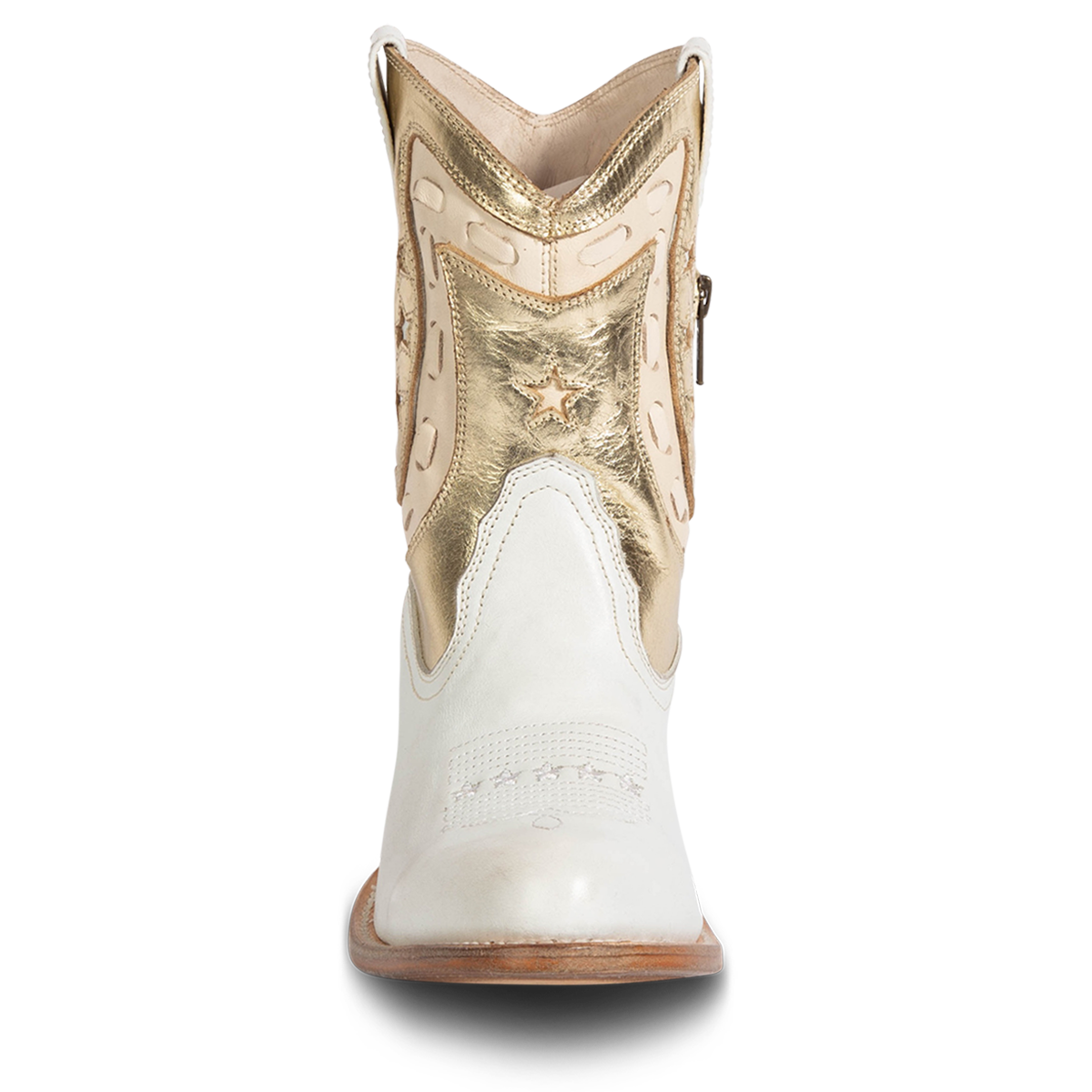 Front view showing FREEBIRD women's Gambler gold multi leather bootie with an multi-leather elements and almond toe construction