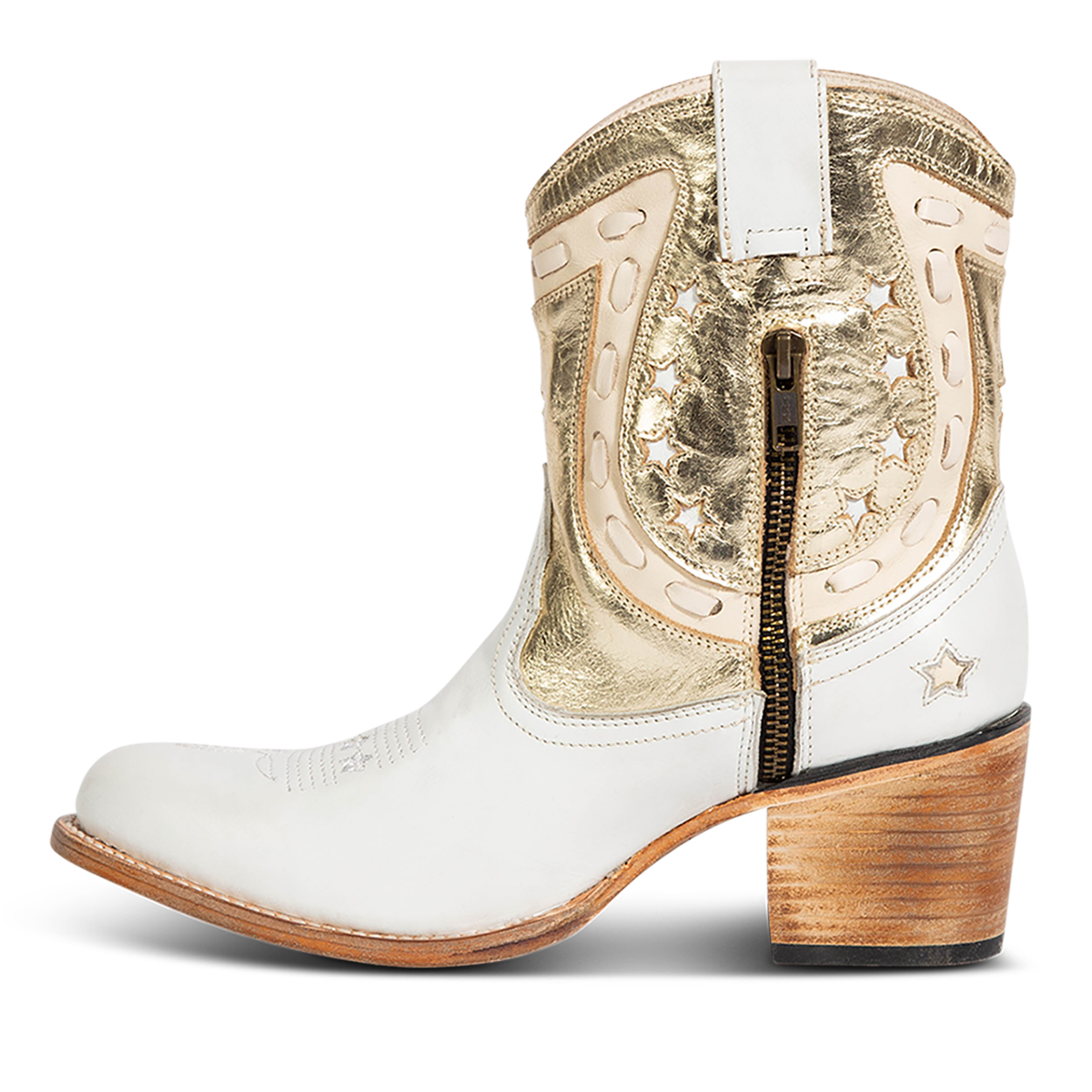 Inside view showing FREEBIRD women's Gambler gold multi leather bootie with an inside half zip closure, multi-leather elements and almond toe construction
