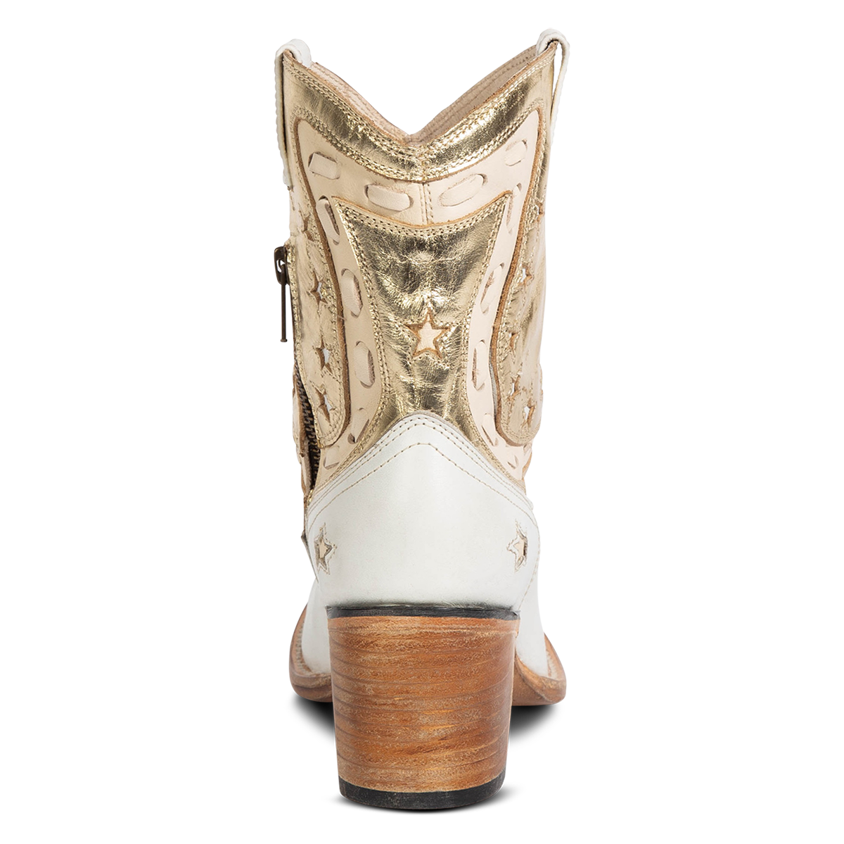 Back view showing FREEBIRD women's Gambler gold multi leather bootie with multi-leather elements and lifted heel