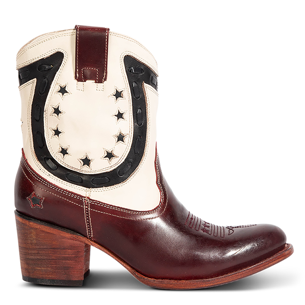 FREEBIRD women's Gambler red multi leather bootie with an inside half zip closure, multi-leather elements and almond toe construction