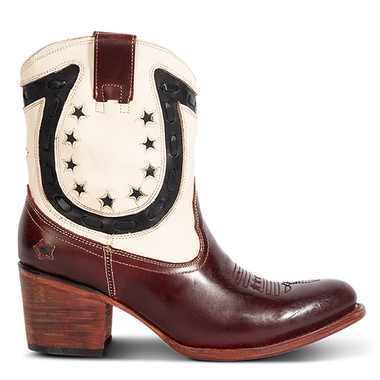 FREEBIRD women's Gambler red multi leather bootie with an inside half zip closure, multi-leather elements and almond toe construction