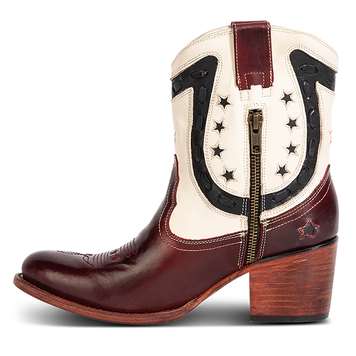Inside view showing FREEBIRD women's Gambler red multi leather bootie with an inside half zip closure, multi-leather elements and almond toe construction