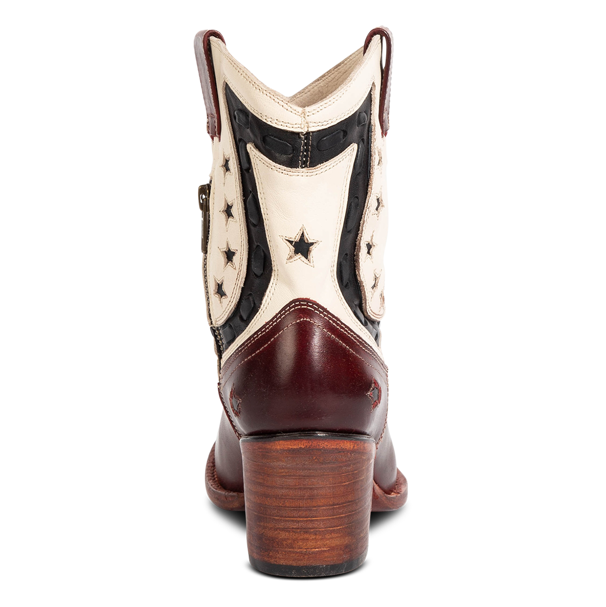 Back view showing FREEBIRD women's Gambler red multi leather bootie with multi-leather elements and lifted heel