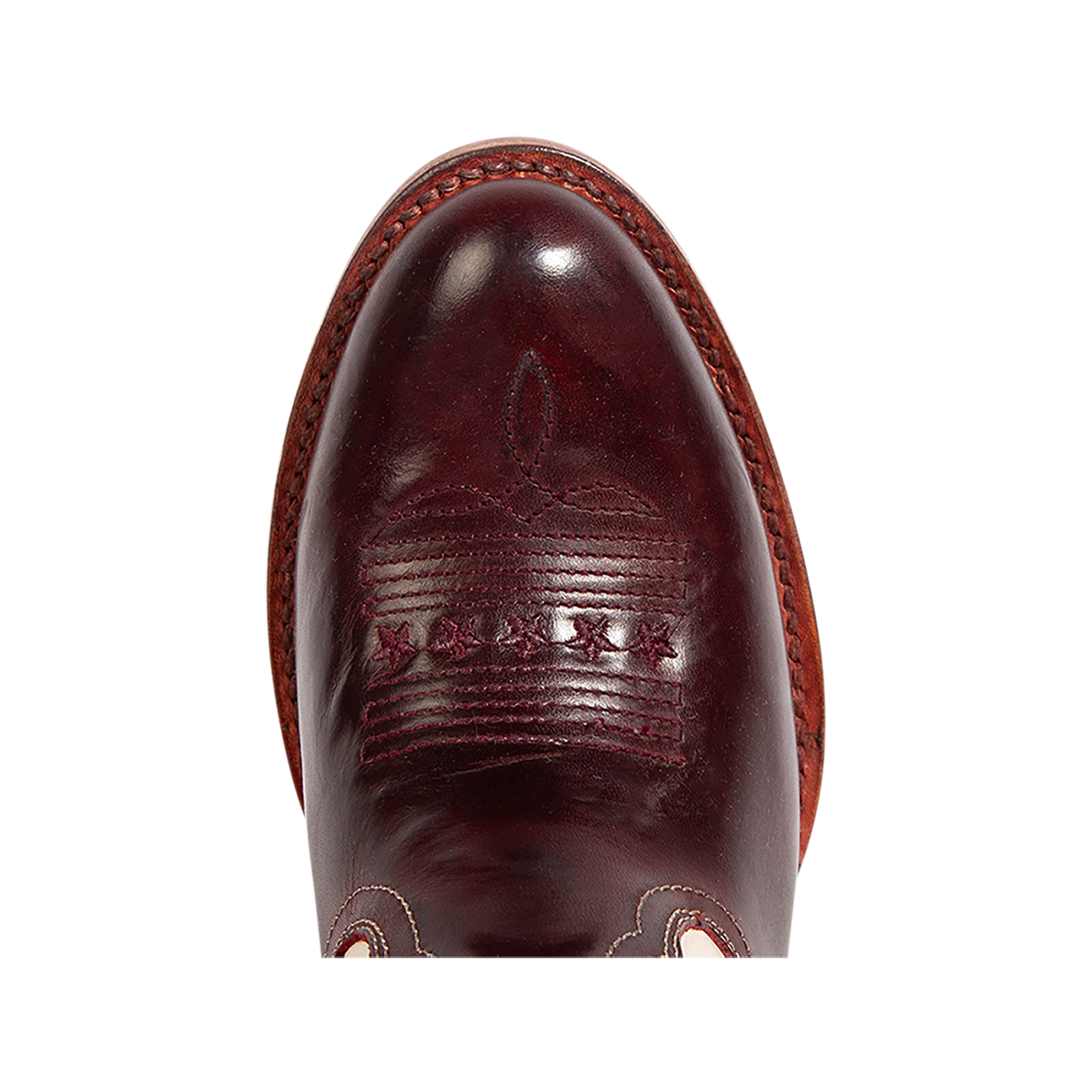 Top view showing an almond toe construction on FREEBIRD women's Gambler red multi leather bootie 