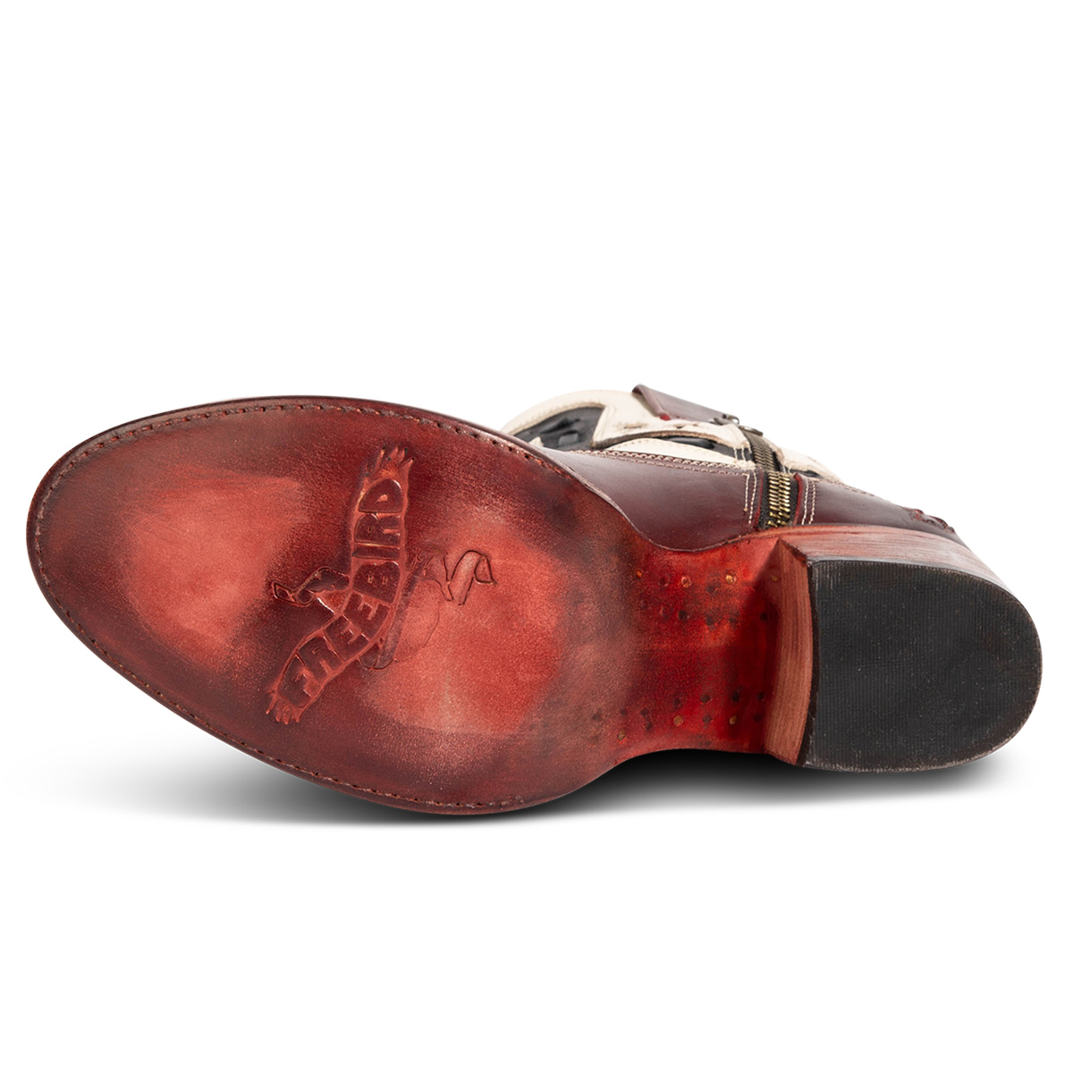 Leather sole imprinted with FREEBIRD on women's Gambler red multi leather bootie