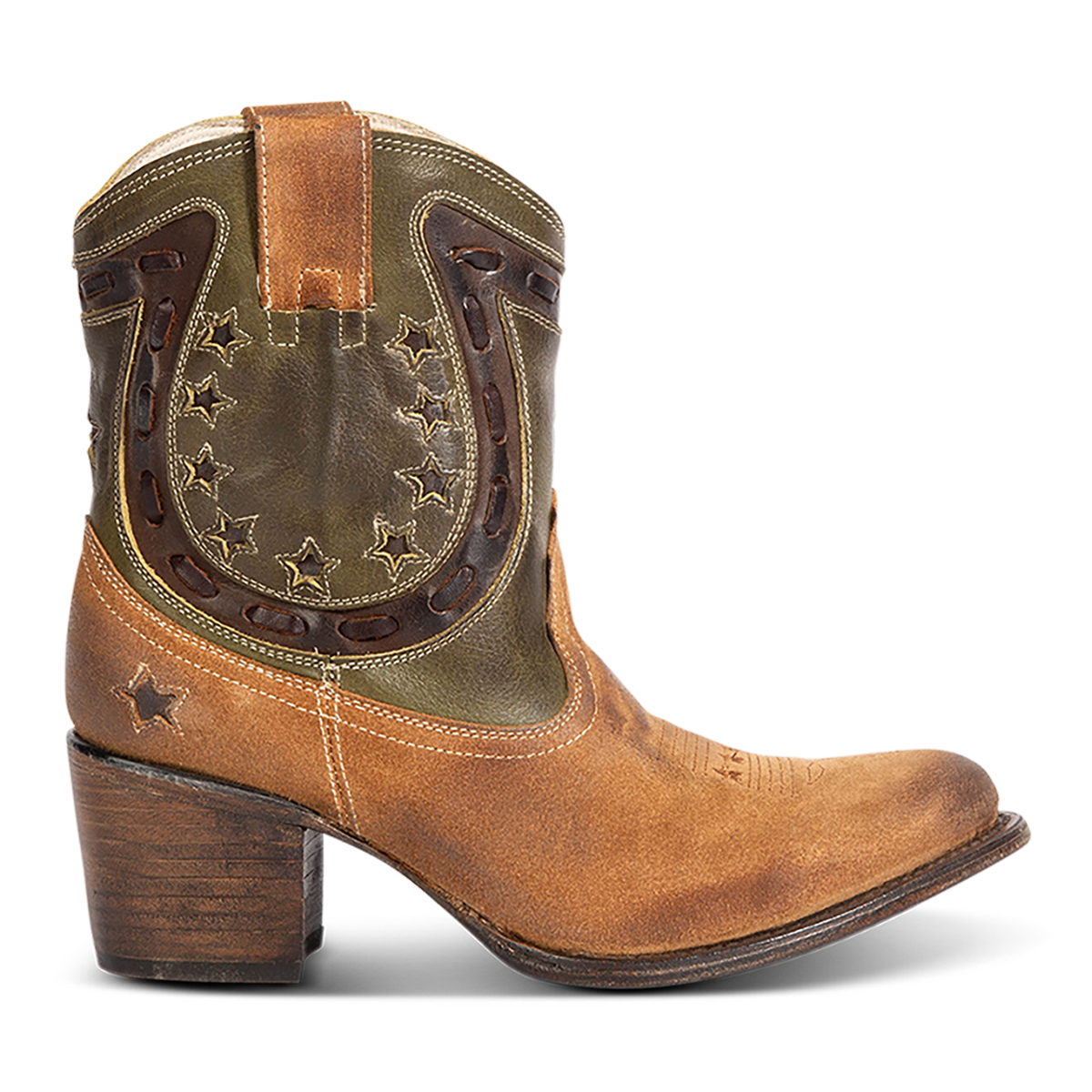 FREEBIRD women's Gambler tan multi leather bootie with an inside half zip closure, multi-leather elements and almond toe construction