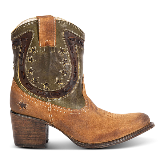FREEBIRD women's Gambler tan multi leather bootie with an inside half zip closure, multi-leather elements and almond toe construction
