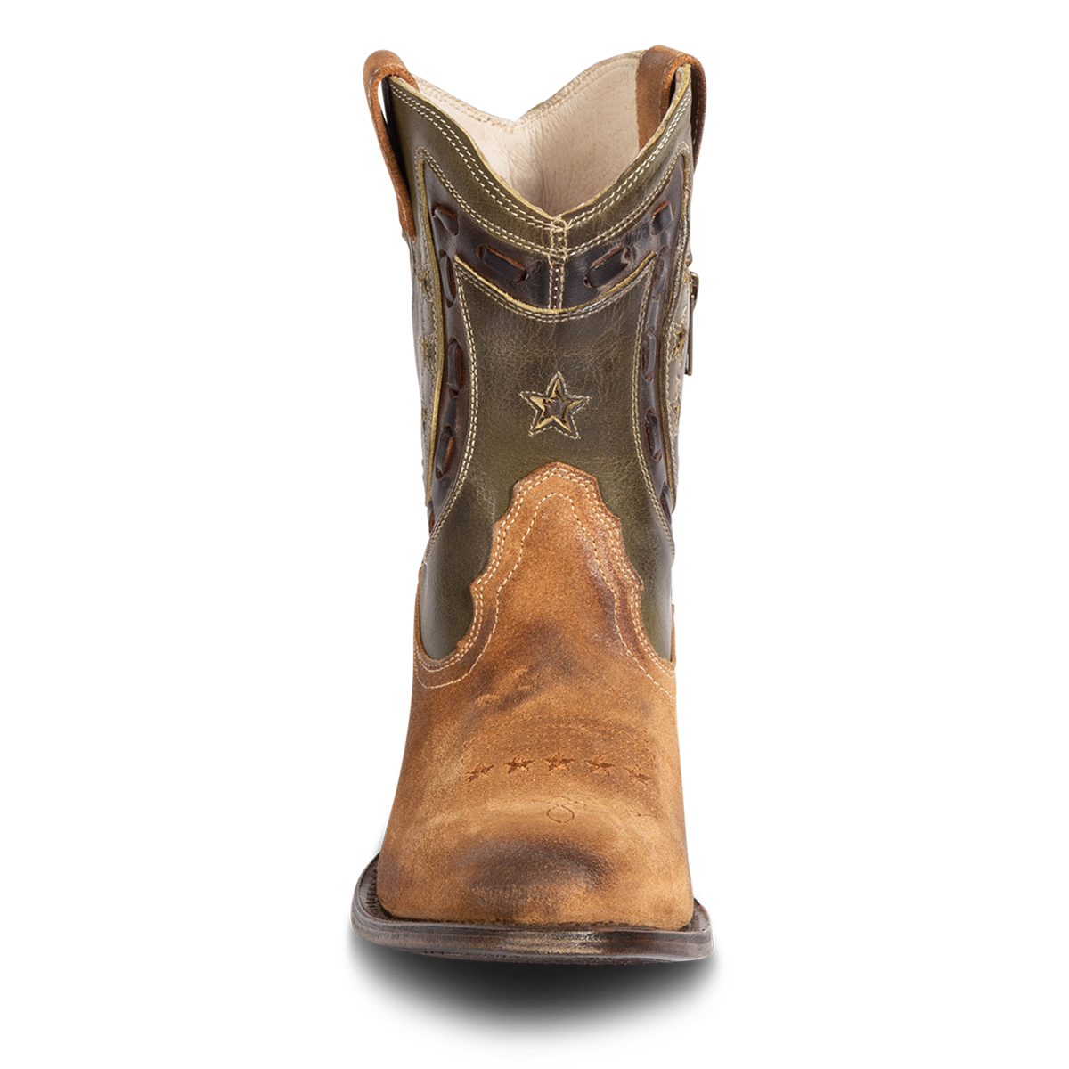 Front view showing FREEBIRD women's Gambler tan multi leather bootie with an multi-leather elements and almond toe construction