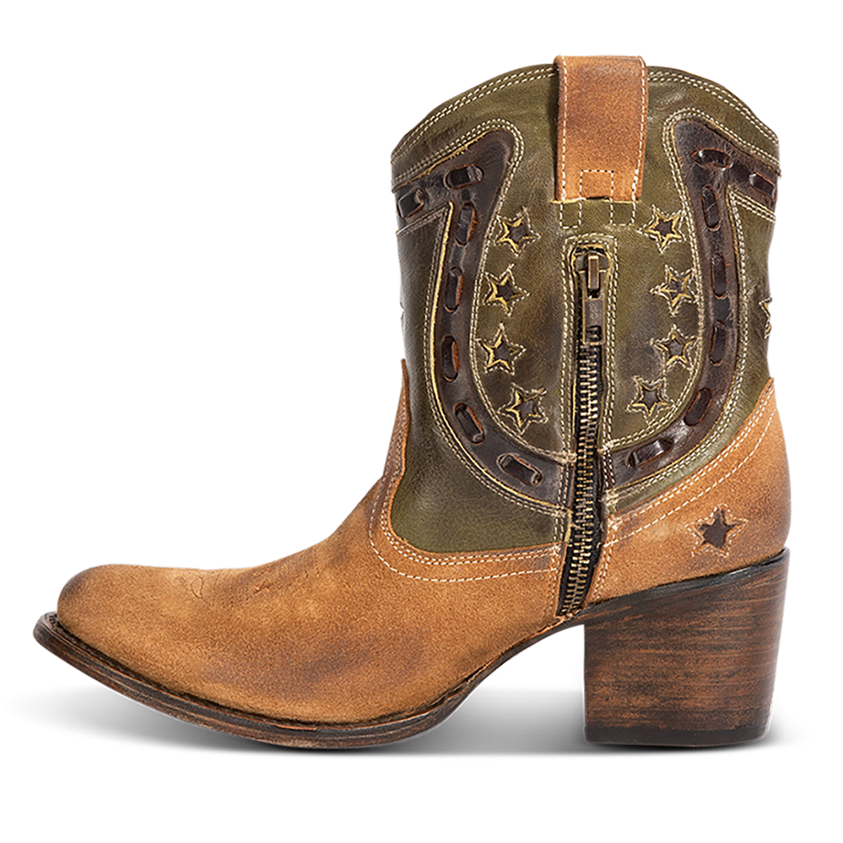 Inside view showing FREEBIRD women's Gambler tan multi leather bootie with an inside half zip closure, multi-leather elements and almond toe construction