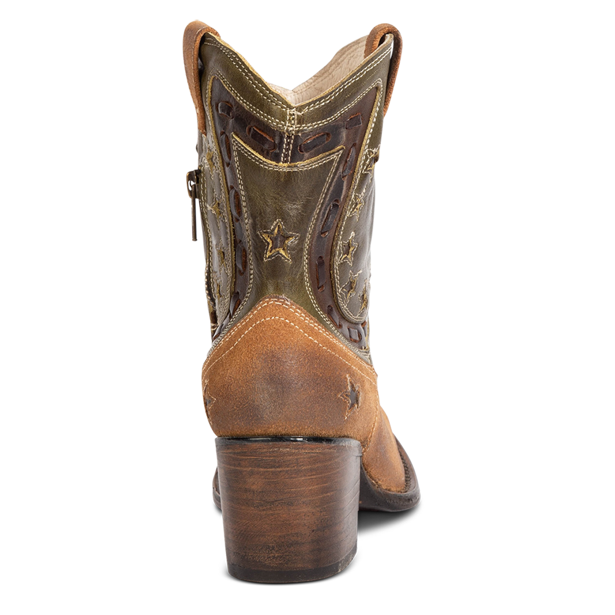 Back view showing FREEBIRD women's Gambler tan multi leather bootie with multi-leather elements and lifted heel