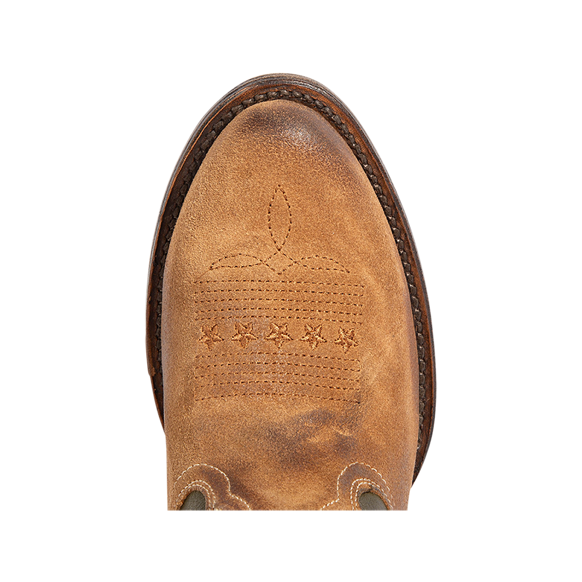 Top view showing an almond toe construction on FREEBIRD women's Gambler tan multi leather bootie 