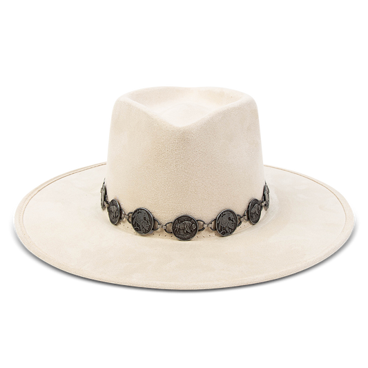 FREEBIRD Gemini beige wide flat-brim hat featuring diamond-shaped crown and metal coin band